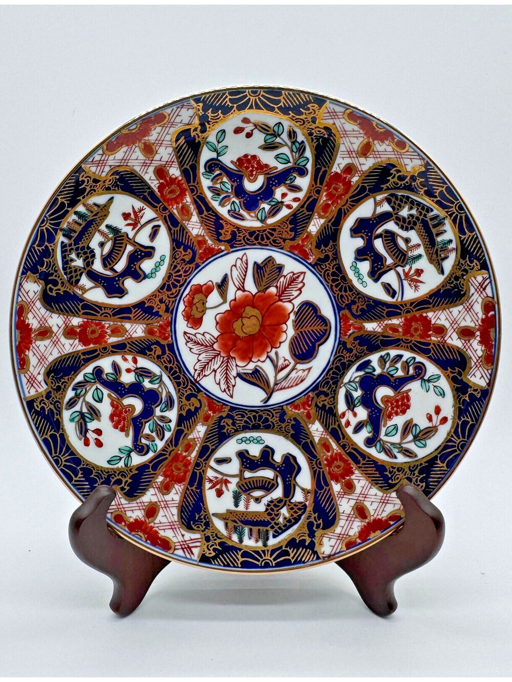 Vintage Gold Imari Japan Hand Painted Porcelain Plate Birds Flowers 9.5"